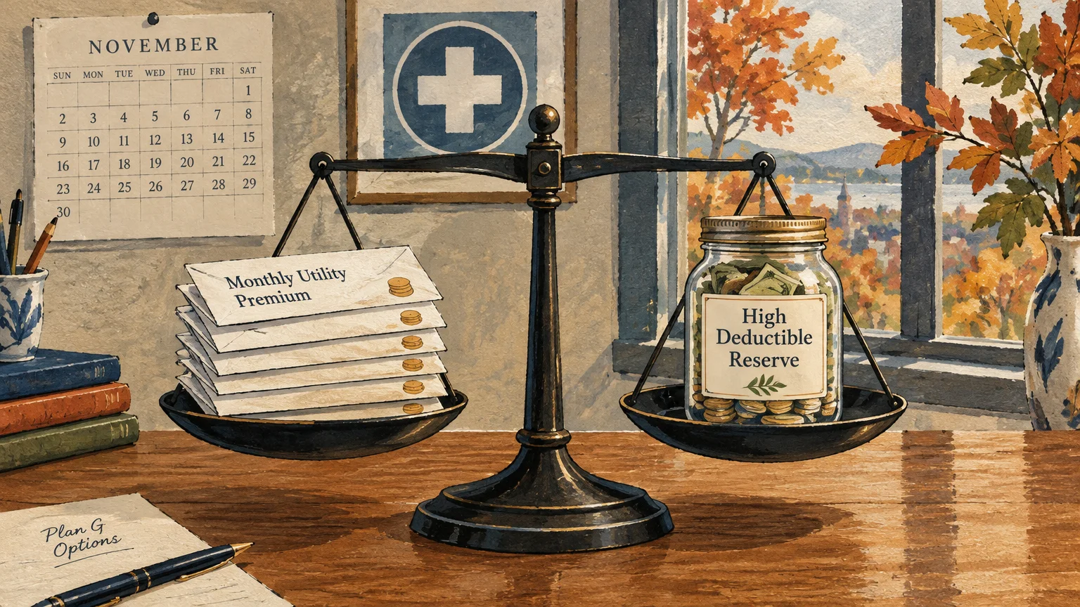 Illustration of a balance scale holding envelopes labeled Monthly Utility Premium on one side and a savings jar on the other.