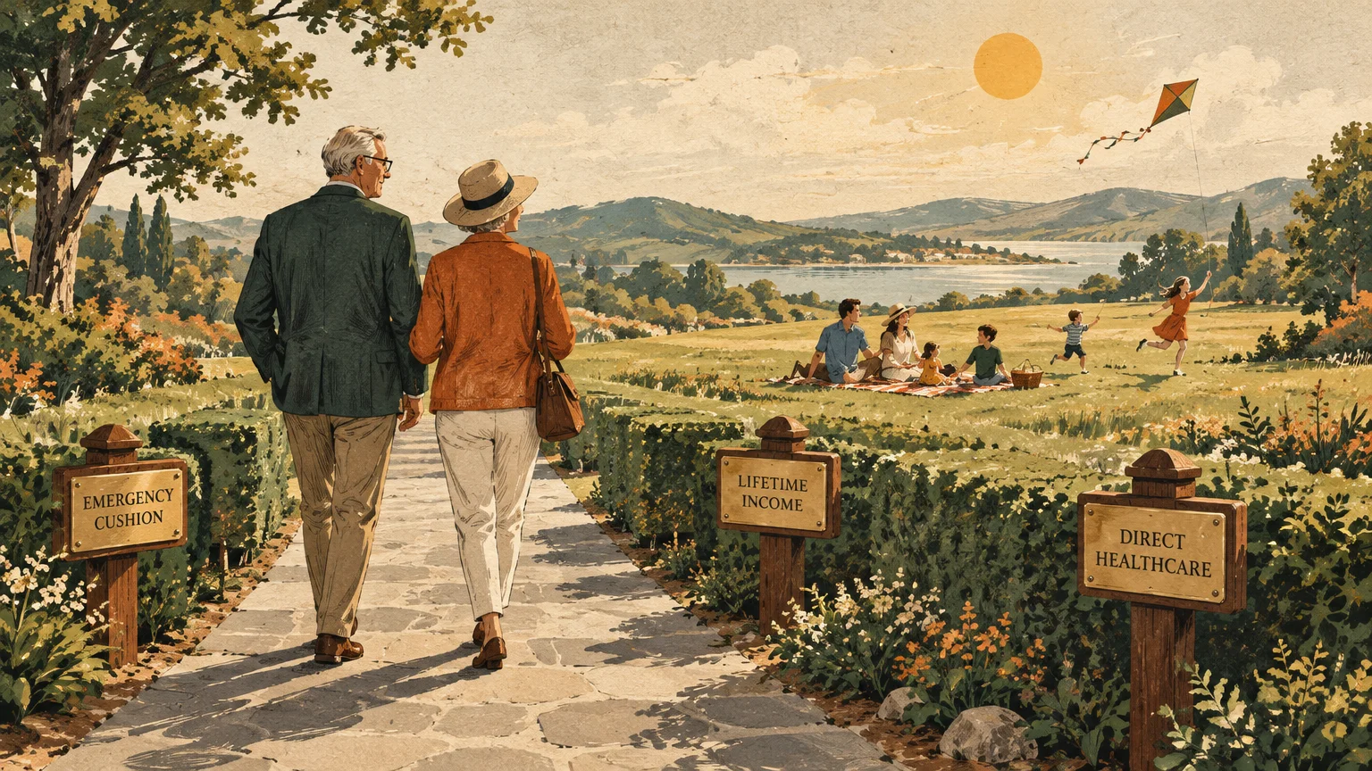 Illustration of an older couple walking down a garden path with wooden signs toward a family having a picnic.