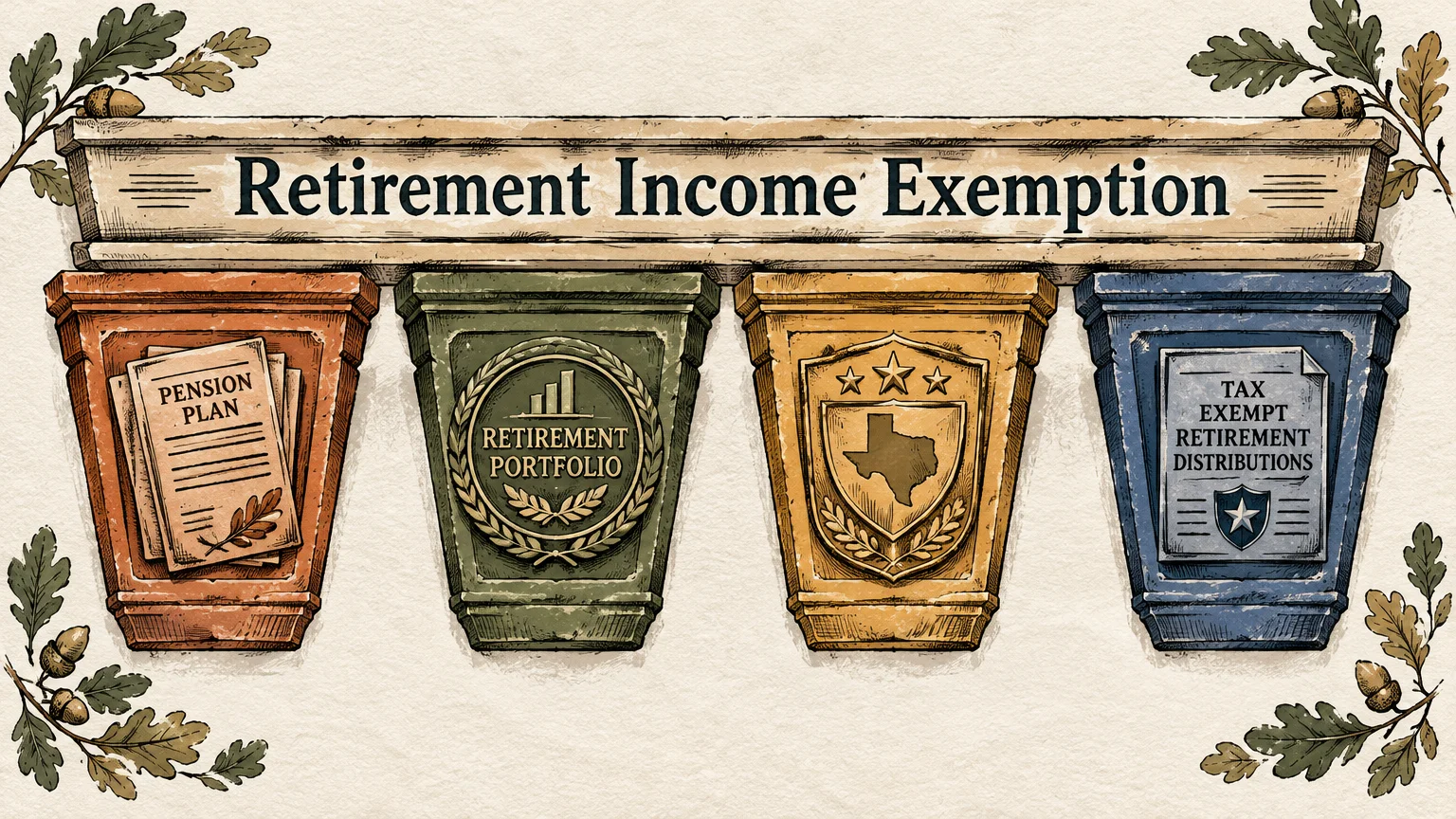 Illustration of four decorative corbels labeled Pension Plan, Retirement Portfolio, Texas, and Tax Exempt Retirement Distributions.