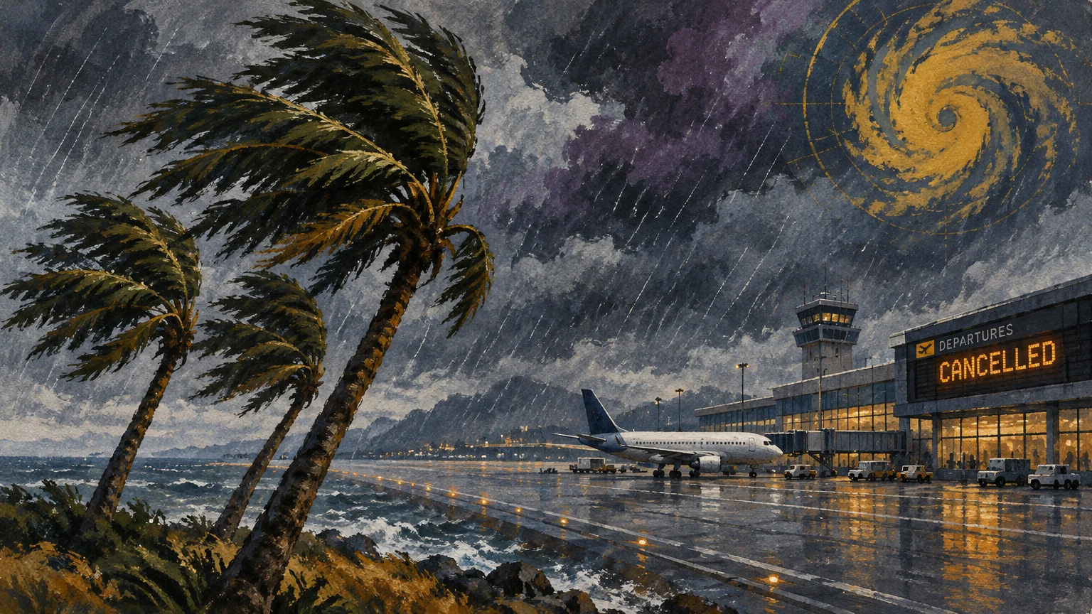 Illustration of windblown palm trees and a grounded airplane on a rainy runway outside a terminal showing cancelled departures.