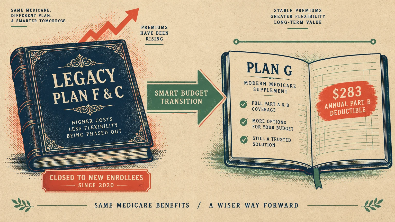 Retro illustration comparing a closed Legacy Plan F and C book to an open Plan G ledger displaying a $283 deductible.