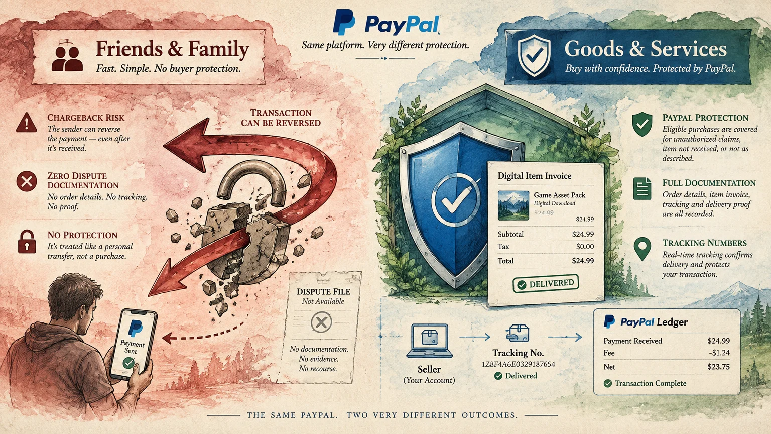 Split illustration contrasting PayPal Friends and Family risks with PayPal Goods and Services dispute protection and invoice.