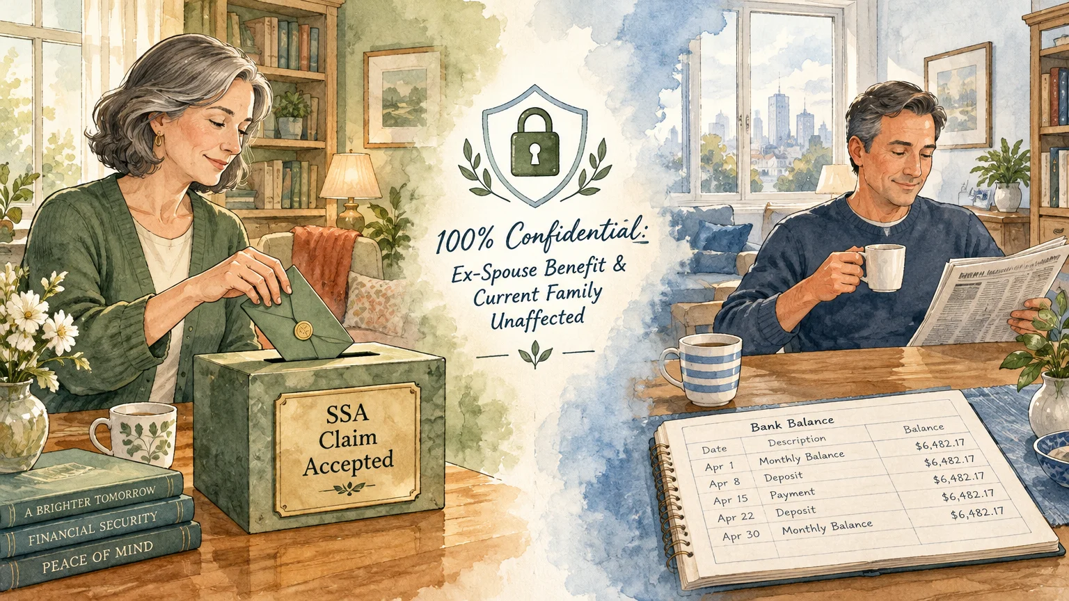 Split watercolor illustration of a woman mailing a claim next to a lock icon and a man relaxing with coffee.