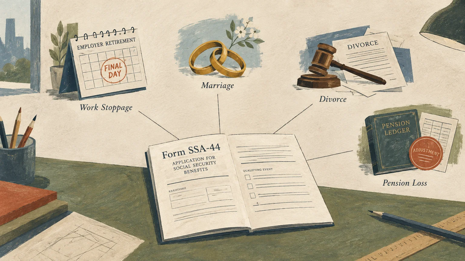Open Form SSA-44 booklet on a desk surrounded by icons for work stoppage, marriage, divorce, and pension loss.