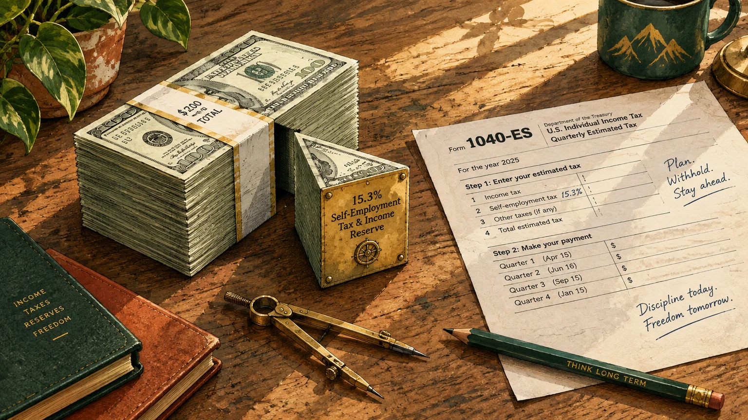 Form 1040-ES on a desk beside cash bundles, a triangular safe labeled 15.3%, a compass divider, and notebooks.