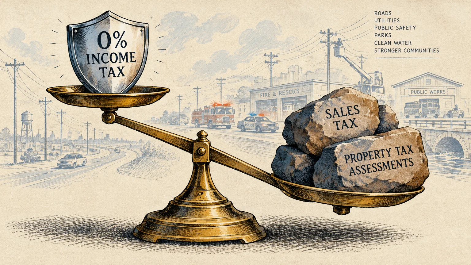 A balance scale tipped toward rocks labeled sales tax and property tax assessments, outweighing a 0% income tax shield.