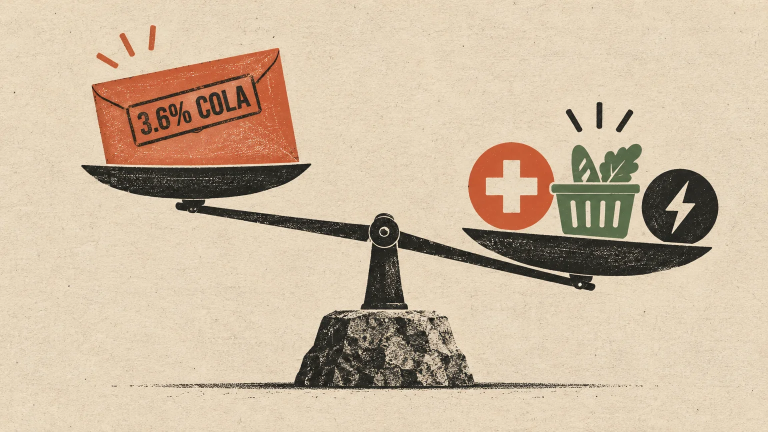 Illustration of a scale balancing a 3.6% COLA envelope against icons for healthcare, groceries, and electricity.
