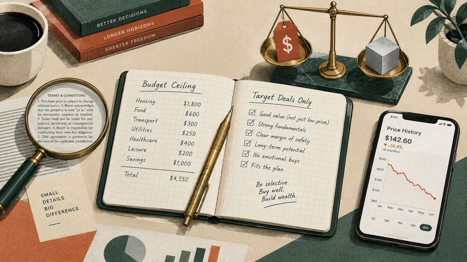 Overhead view of an open budget notebook beside a smartphone showing a price history chart, a brass scale, and books.