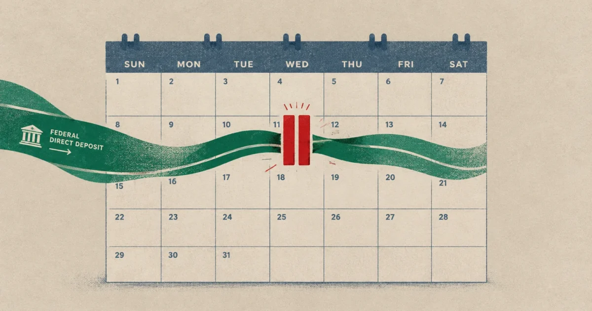 Calendar grid with a green federal direct deposit ribbon interrupted by a red pause symbol on a Wednesday date.