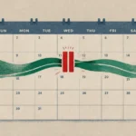 Calendar grid with a green federal direct deposit ribbon interrupted by a red pause symbol on a Wednesday date.