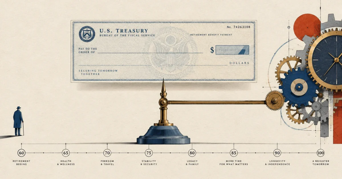 Illustration of a U.S. Treasury check balanced on an arm connected to clockwork gears above an age timeline.