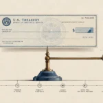 Illustration of a U.S. Treasury check balanced on an arm connected to clockwork gears above an age timeline.