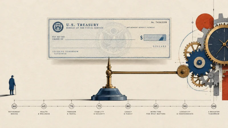 Illustration of a U.S. Treasury check balanced on an arm connected to clockwork gears above an age timeline.
