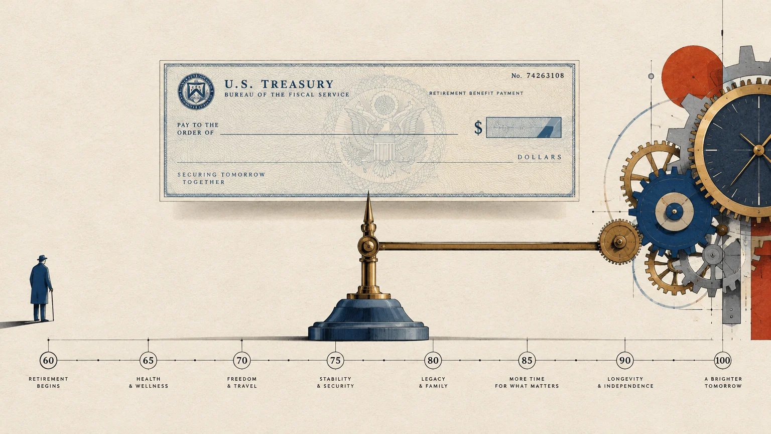 Illustration of a U.S. Treasury check balanced on an arm connected to clockwork gears above an age timeline.