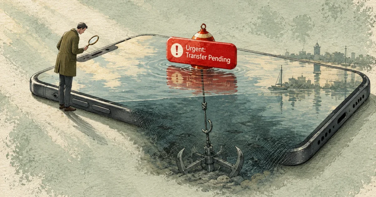 Illustration of a man with a magnifying glass inspecting a phone displaying water and an alert buoy anchored to the seabed.