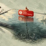 Illustration of a man with a magnifying glass inspecting a phone displaying water and an alert buoy anchored to the seabed.