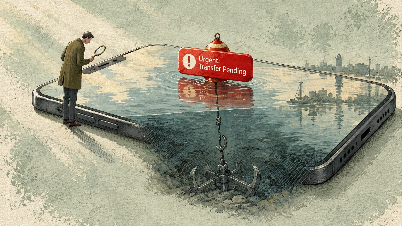 Illustration of a man with a magnifying glass inspecting a phone displaying water and an alert buoy anchored to the seabed.