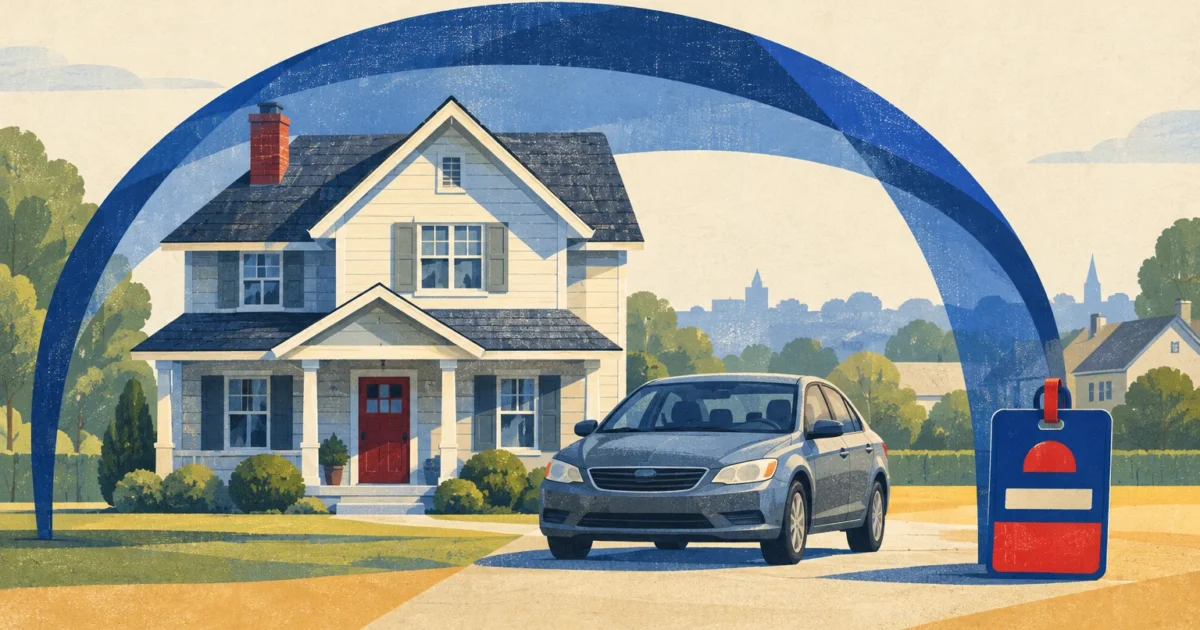 Illustration of a two-story house and a sedan covered by a blue protective dome beside a membership card.