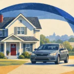 Illustration of a two-story house and a sedan covered by a blue protective dome beside a membership card.