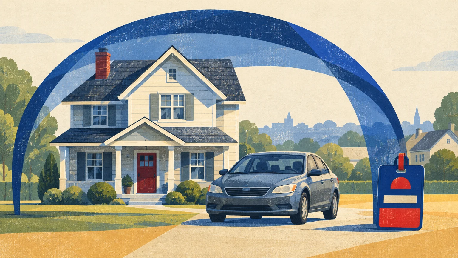 Illustration of a two-story house and a sedan covered by a blue protective dome beside a membership card.
