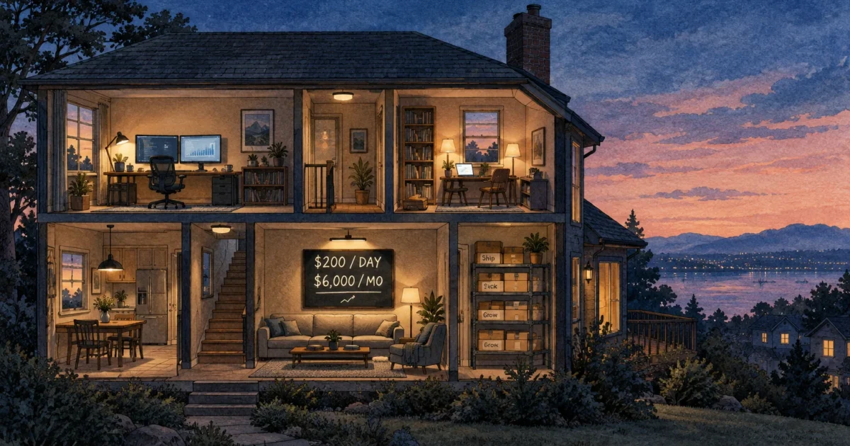 Cutaway illustration of a lit house at dusk showing home offices, storage boxes, and a sign reading "$200 / DAY, $6,000 / MO".