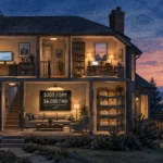 Cutaway illustration of a lit house at dusk showing home offices, storage boxes, and a sign reading "$200 / DAY, $6,000 / MO".