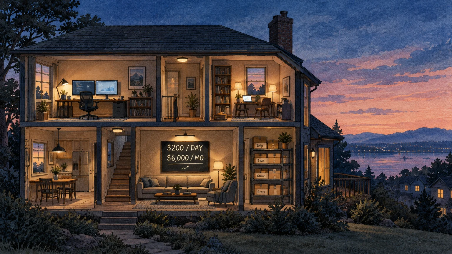 Cutaway illustration of a lit house at dusk showing home offices, storage boxes, and a sign reading "$200 / DAY, $6,000 / MO".