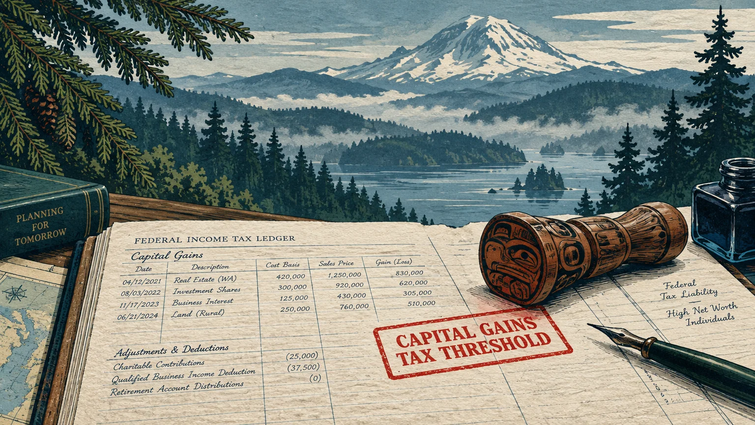 Illustration of a tax ledger stamped "Capital Gains Tax Threshold" overlooking a Pacific Northwest mountain lake landscape.