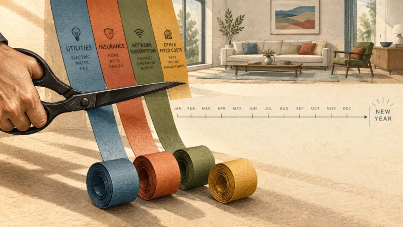 Illustration of a hand cutting paper ribbons labeled with household fixed expenses using scissors before a new year timeline.
