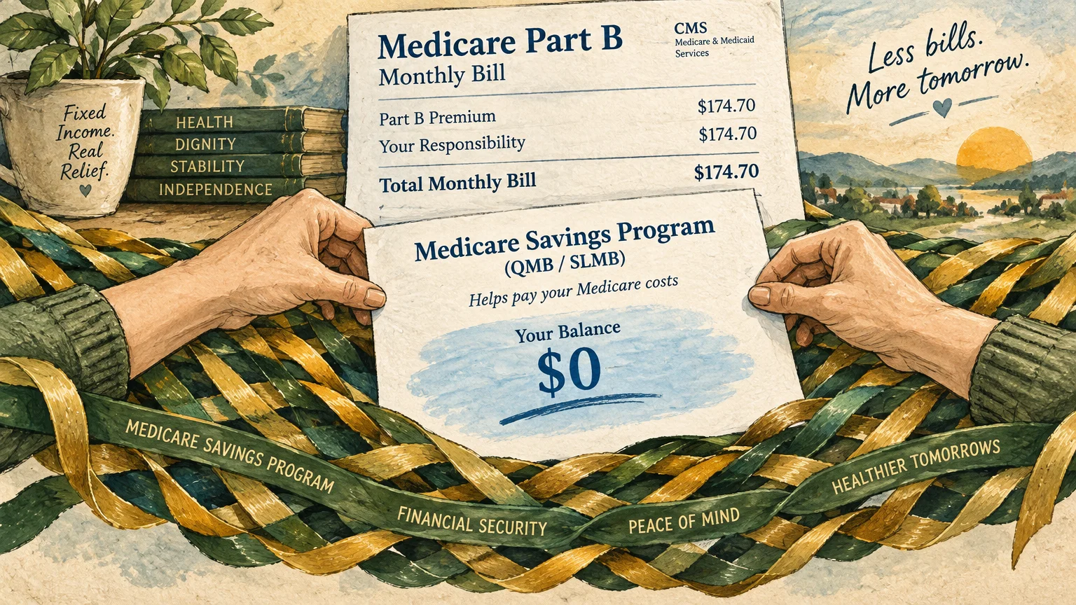 Illustration of hands holding a Medicare Savings Program notice showing a zero-dollar balance over a monthly bill.