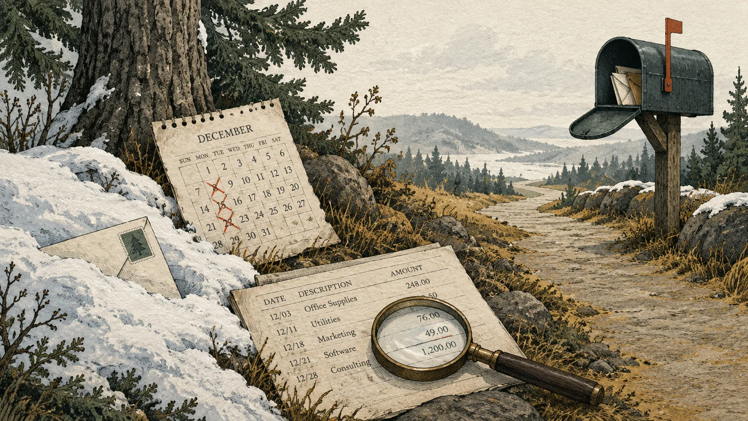 Illustration of a December calendar, expense ledger with magnifying glass, and roadside mailbox along a snowy dirt path.