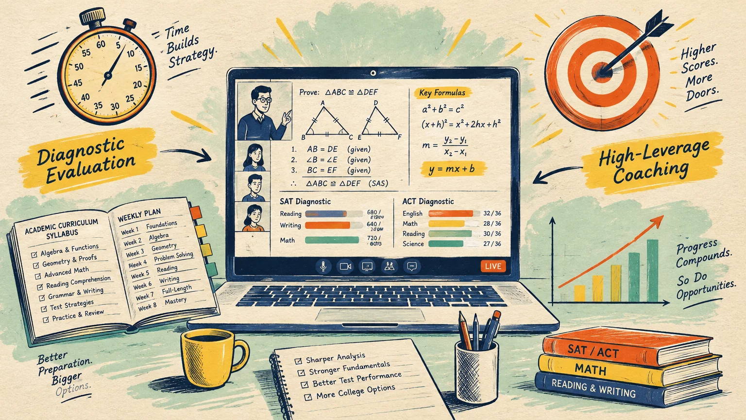 Illustration of an online tutoring desk setup with a laptop displaying math formulas, test scores, notebooks, and books.