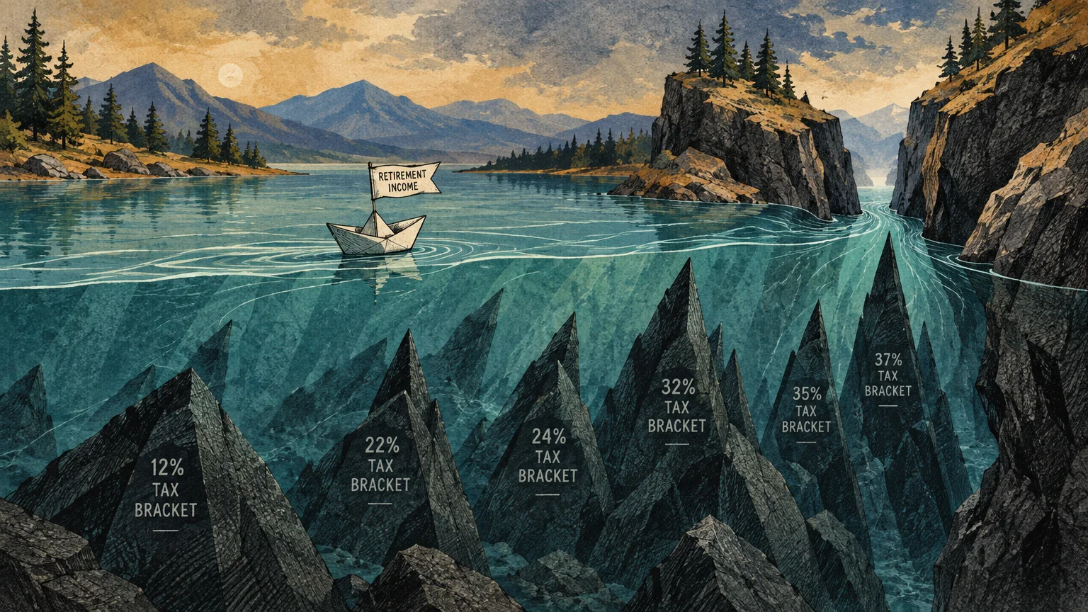 Illustration of an origami boat labeled retirement income floating over submerged rocks marked with tax bracket percentages.