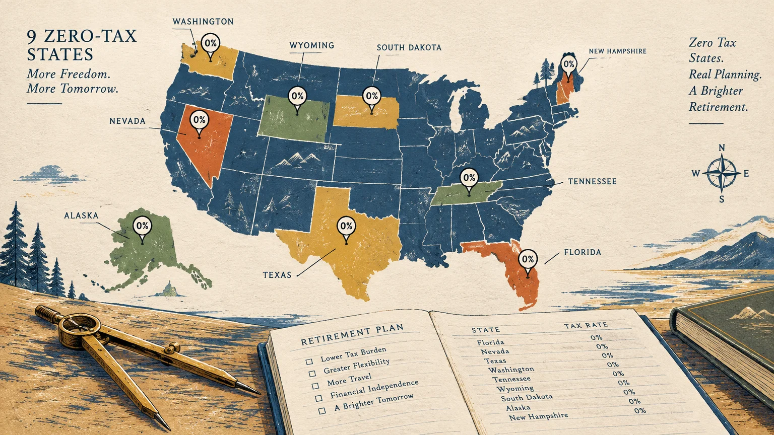 Illustrated US map highlighting nine zero-tax states, set beside an open retirement plan notebook and compass.