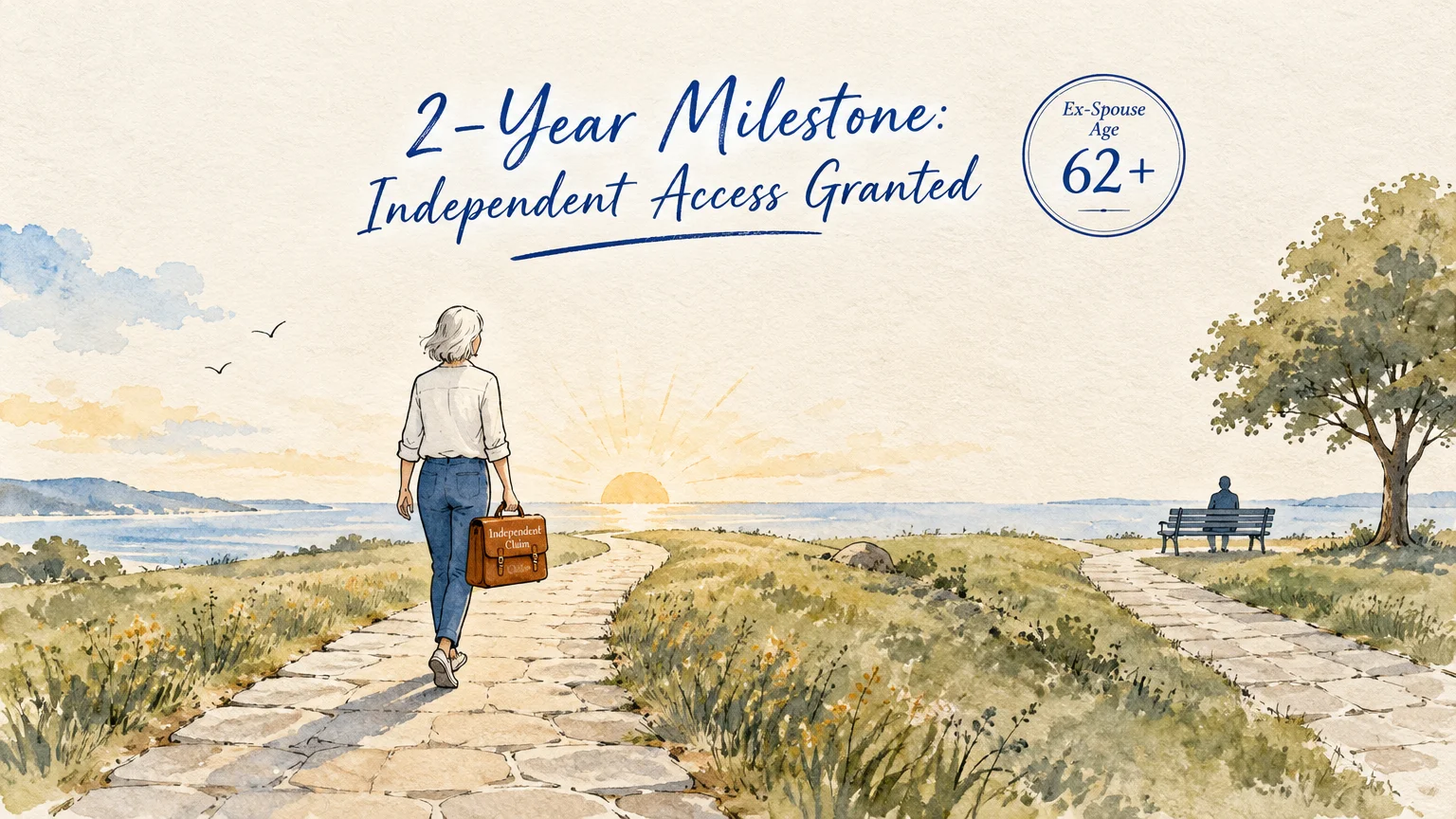 Watercolor illustration of a woman walking toward a sunrise while a figure sits on a distant bench by diverging paths.
