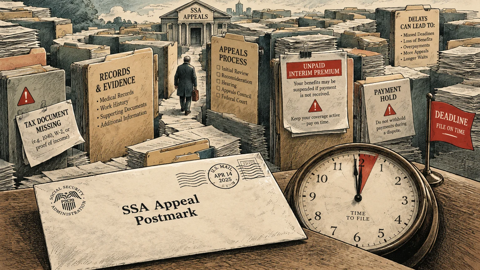 Man walking through a maze of oversized case files toward an SSA building, with an envelope and clock in front.