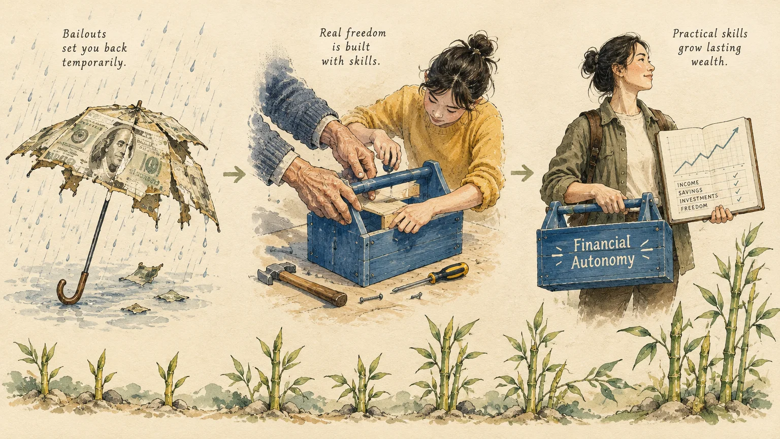 Three-part illustration of a torn money umbrella, two people assembling a toolbox, and a woman holding a toolbox and chart.