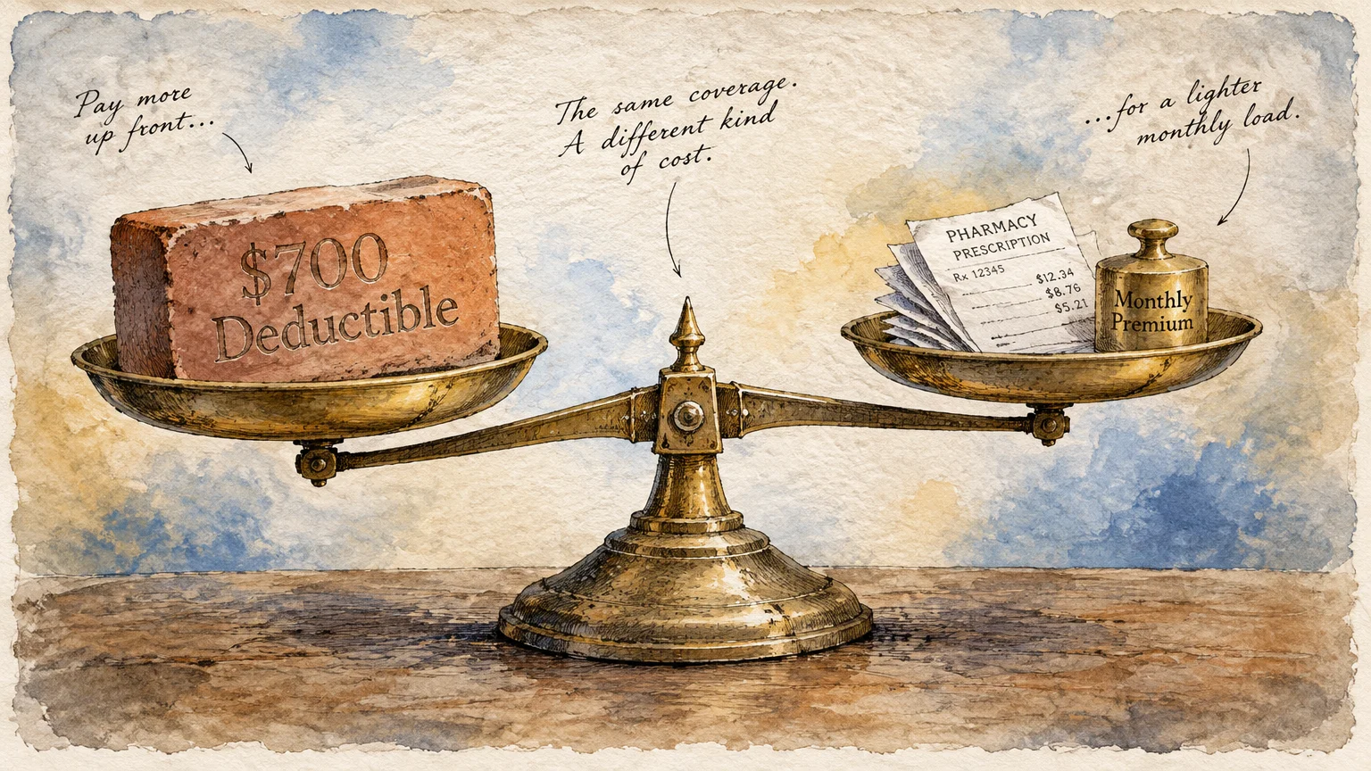 A balance scale weighing a heavy brick labeled $700 Deductible against pharmacy receipts and a monthly premium weight.