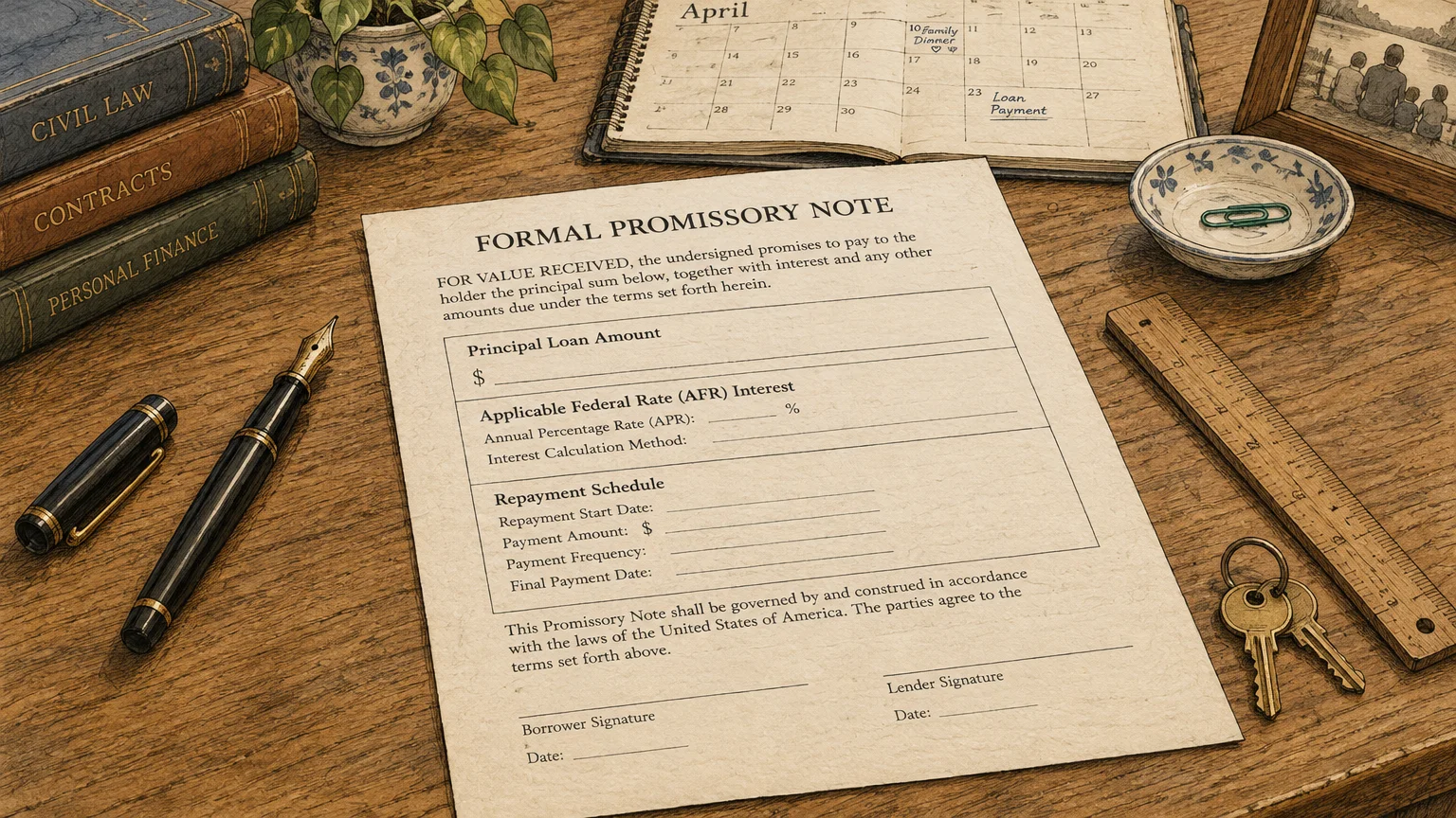 Illustration of a formal promissory note document on a desk beside a fountain pen, ruler, keys, and law books.