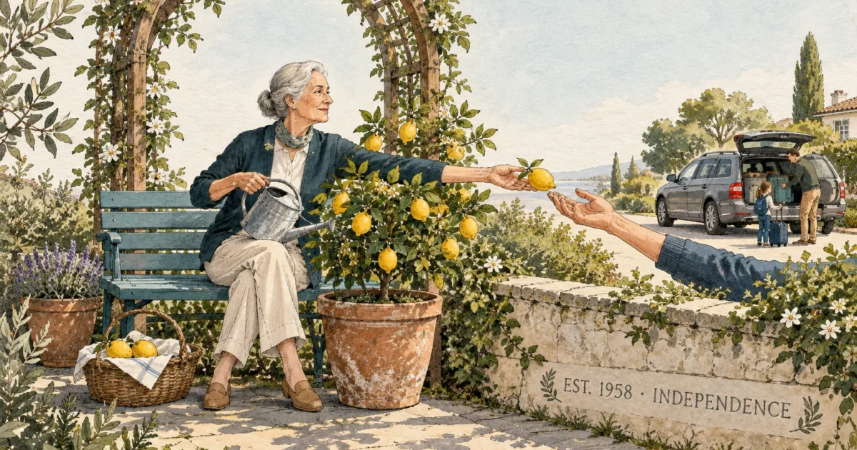 Watercolor illustration of an older woman on a garden bench handing a lemon to an outstretched arm over a stone wall.