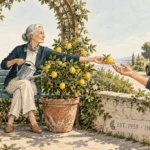 Watercolor illustration of an older woman on a garden bench handing a lemon to an outstretched arm over a stone wall.