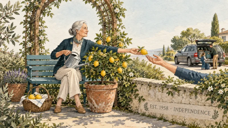 Watercolor illustration of an older woman on a garden bench handing a lemon to an outstretched arm over a stone wall.