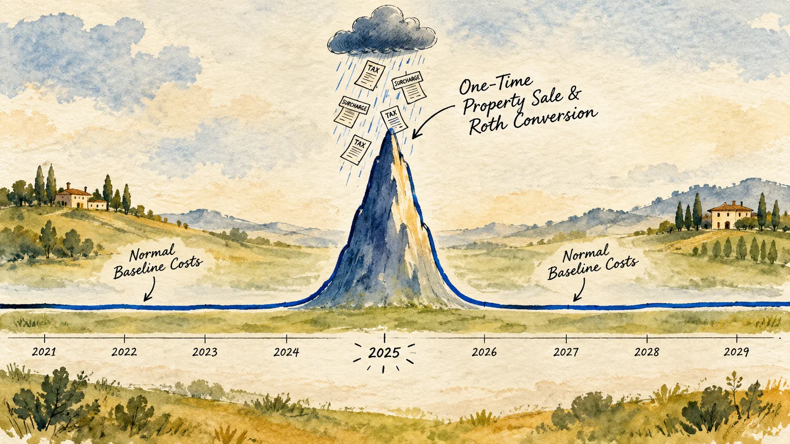 Watercolor chart showing a sharp peak labeled 2025 between baseline costs under a raincloud dropping tax and surcharge papers.