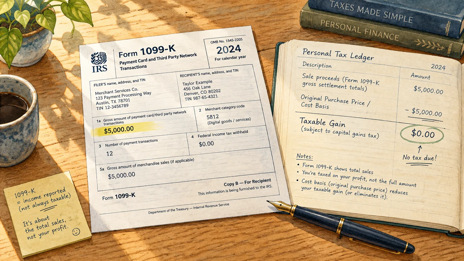 Form 1099-K beside an open personal tax ledger notebook, fountain pen, and coffee cup on a wooden desk.
