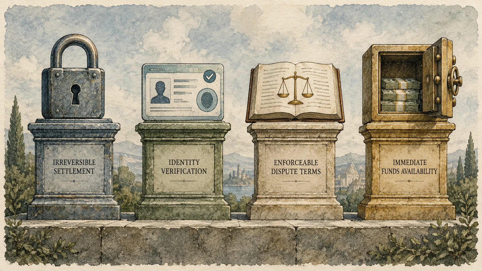 Four stone pedestals holding a padlock, an ID card, an open law book, and an open safe filled with cash.