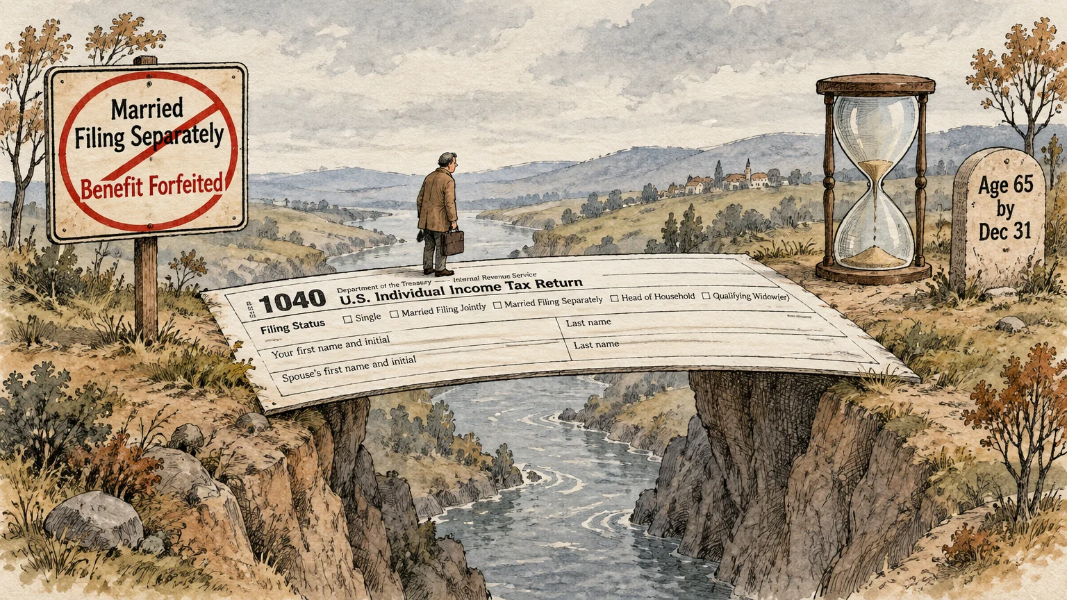 Illustration of a man crossing a chasm on a tax form bridge toward an hourglass, beside a sign barring separate filers.