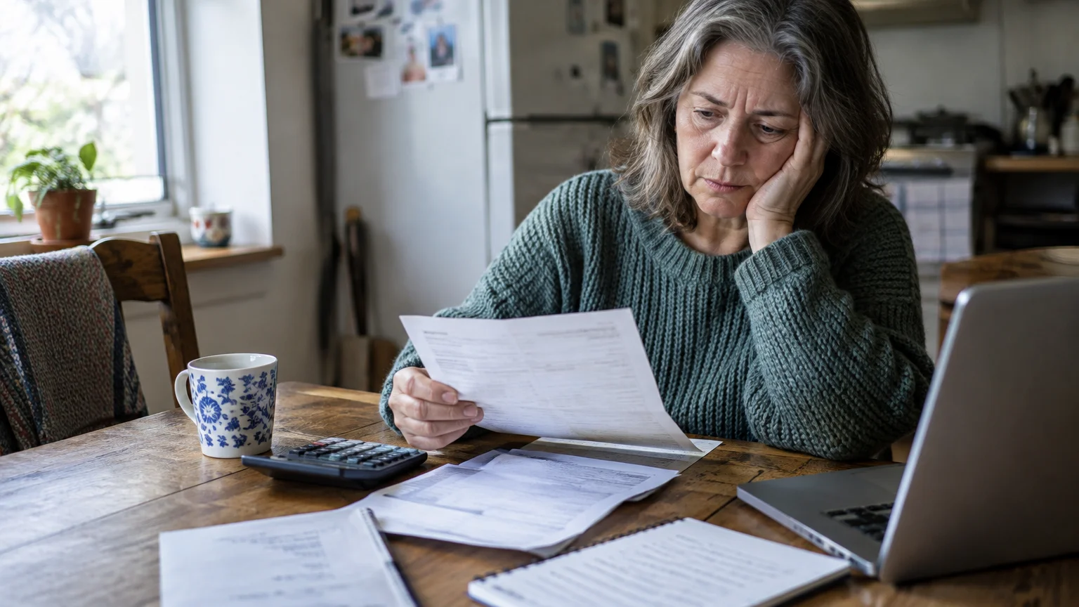 A woman resting her cheek on her hand looks at paperwork at a wooden table with a laptop, calculator, and mug.