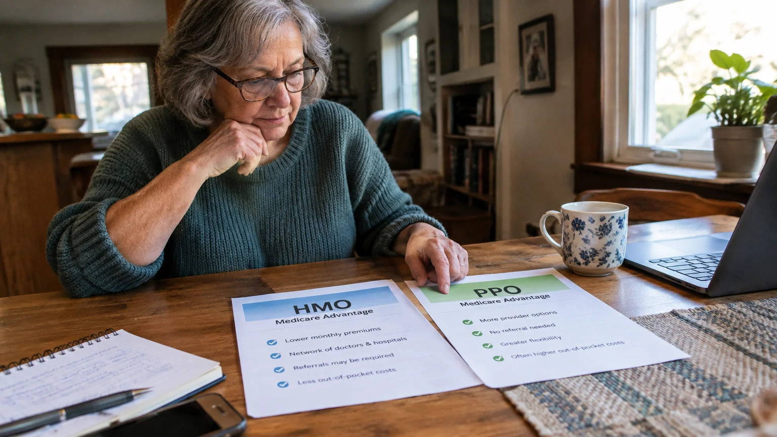 A senior woman sitting at a table reviewing printed comparison sheets for HMO and PPO Medicare Advantage plans.