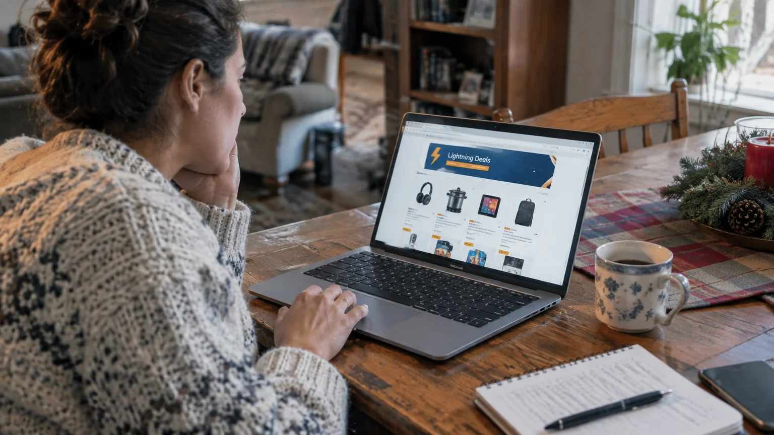 A woman sits at a rustic wooden table looking at an open laptop displaying an online shopping page for Lightning Deals.