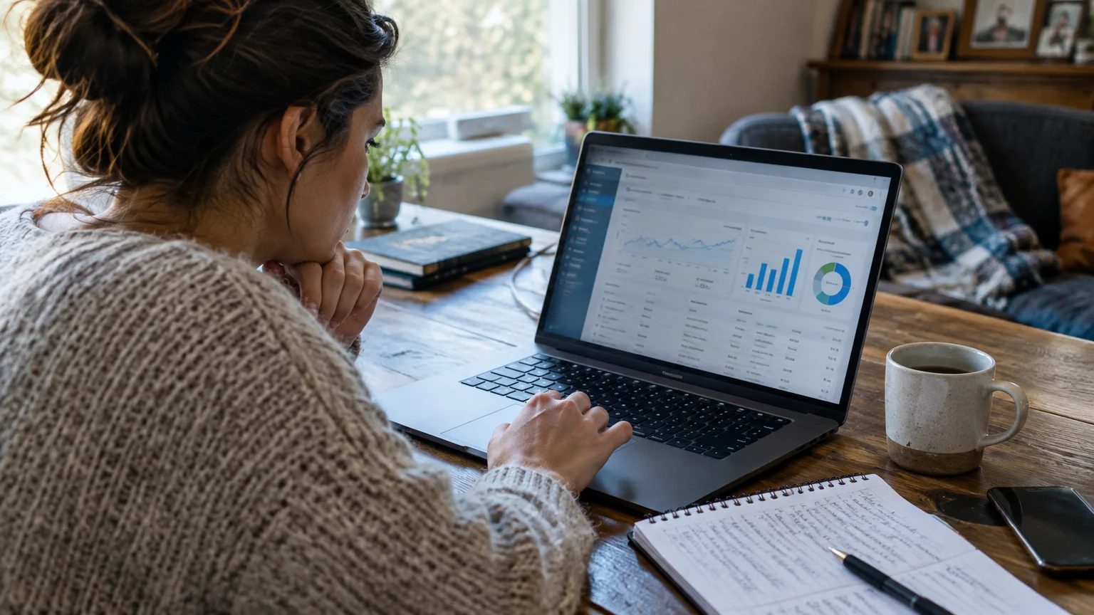 Woman viewing an analytics dashboard on a laptop at a wooden table with a notebook and coffee mug.